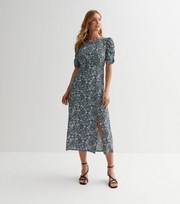 New Look Black Ditsy Floral Ruched Midi Dress